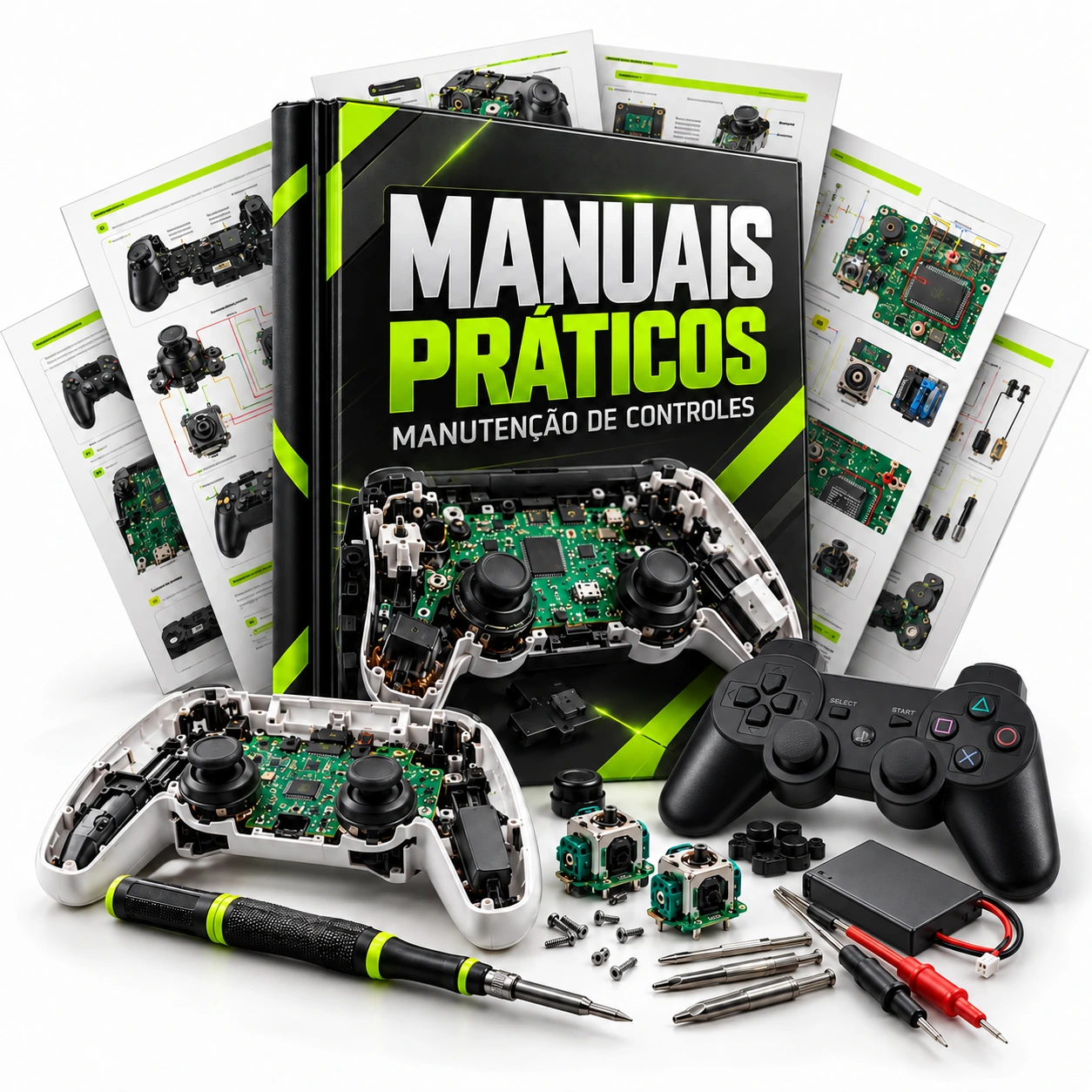 Manuais práticos com folhas técnicas em leque, controles desmontados e ferramentas de manutenção sobre fundo branco