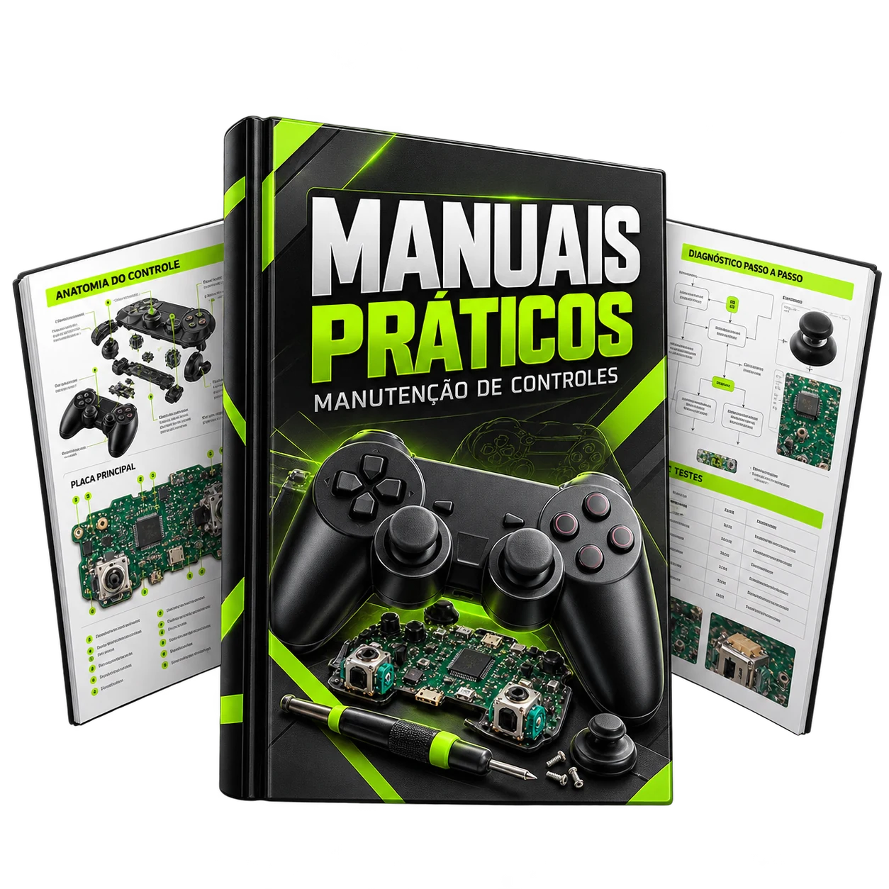 Mockup dos manuais práticos de manutenção de controles, com ebook central e materiais de apoio