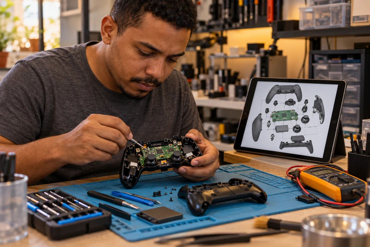 Ilustração de técnico em uma assistência brasileira consultando um manual durante a manutenção de um controle
